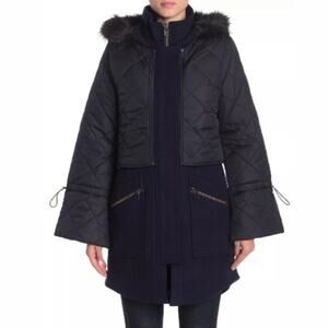 JOIE Coat Small Hetal Coat Winter Faux Fur Wool Blend Removable Vest Navy NWT